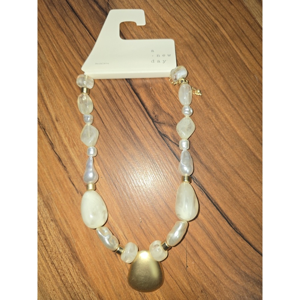 A New Day Statement Necklace Gold Tone Cream Faux Pearl Resin Bead Bold Art Deco